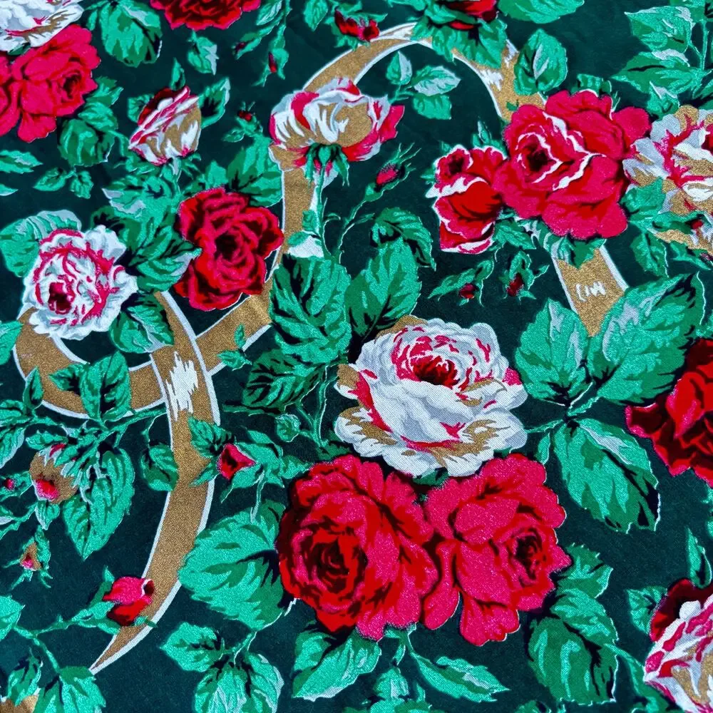 Vintage Christmas Tablecloth vivid red pink roses greenery & gold ribbons print